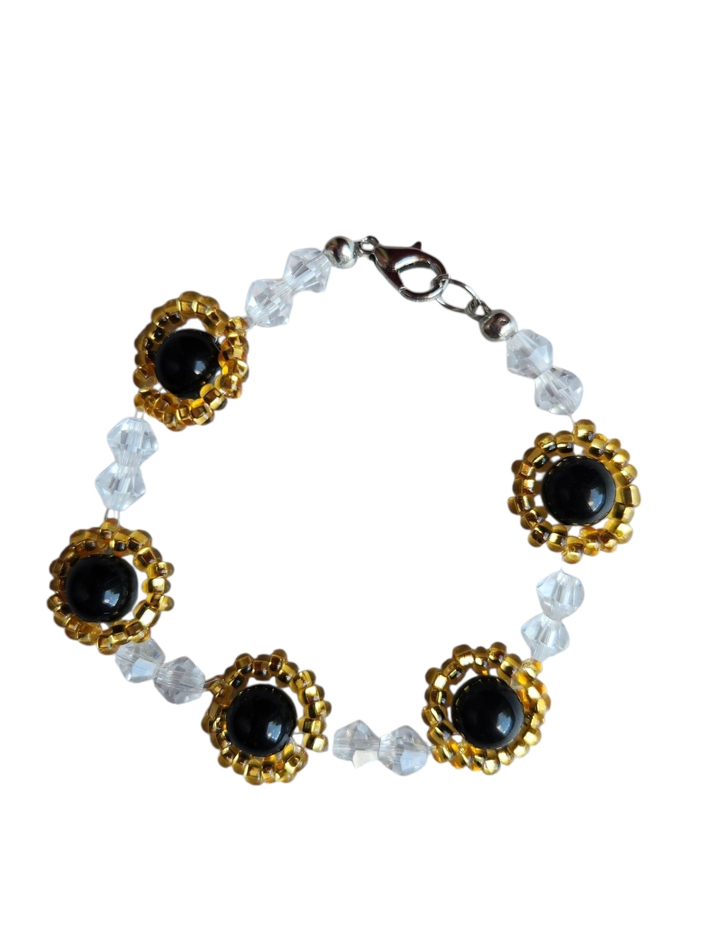 Gold Czech & Black Agate Beaded Bracelet